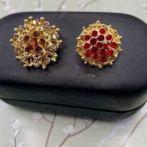 Gold Tone Brown and Red Floral Round Brooches with Rhinestone Intricate Design